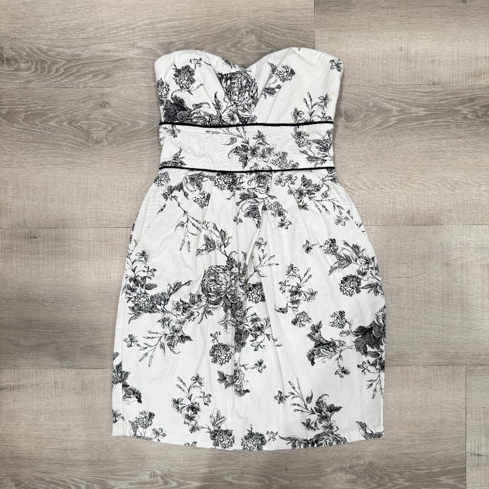Teeze Me White Floral Strapless Mini Dress with Black Print